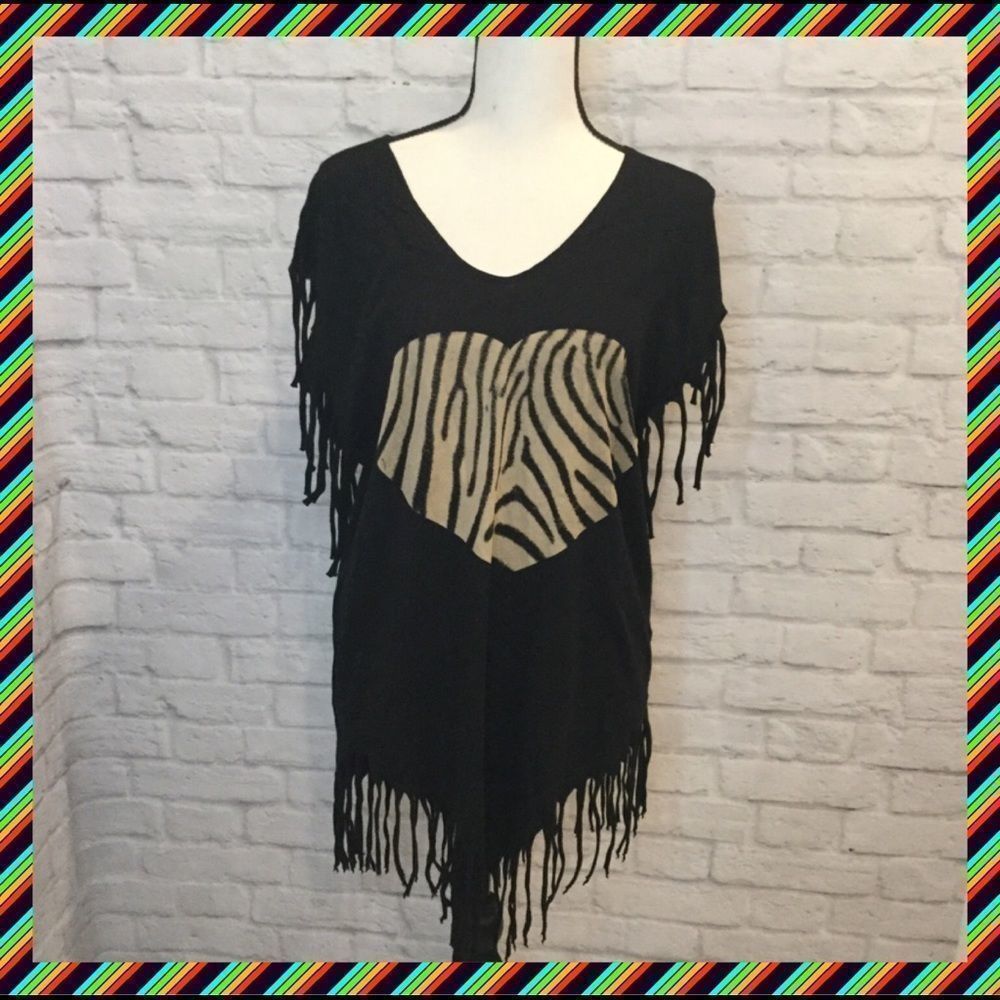 NWOT, Wildfox Oversized Fringe Tunic with Zebra Print Heart: Fits XS-M - Picture 4 of 7